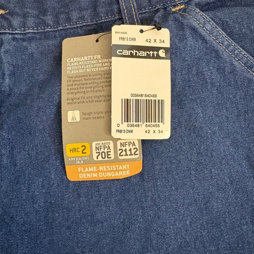 Carhartt FR Flame Resistant Denim Dungaree Jeans 42x34 Blue FRB13 DNM NWT Mens